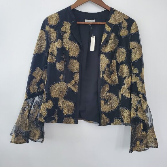 Samantha Dru Anthropologie Auria Black Gold Floral Bell Sleeve Jacket Size S NWT - Picture 1 of 9